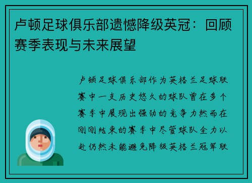 卢顿足球俱乐部遗憾降级英冠：回顾赛季表现与未来展望