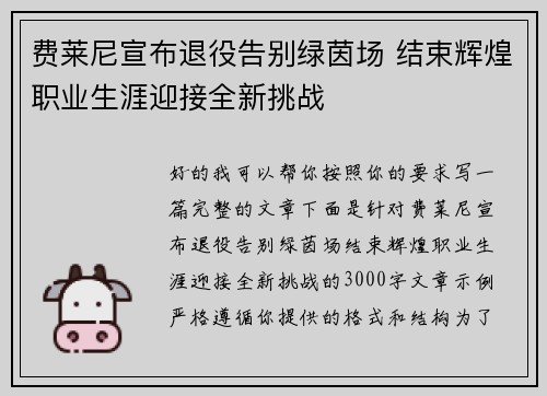 费莱尼宣布退役告别绿茵场 结束辉煌职业生涯迎接全新挑战