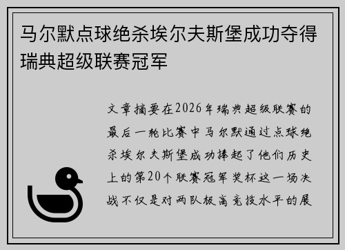 马尔默点球绝杀埃尔夫斯堡成功夺得瑞典超级联赛冠军