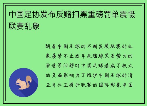 中国足协发布反赌扫黑重磅罚单震慑联赛乱象